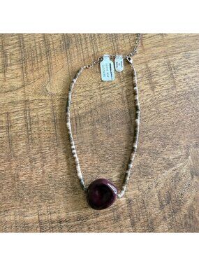Free People Beaded Necklace With Purple Stone Pendant Boho Designer